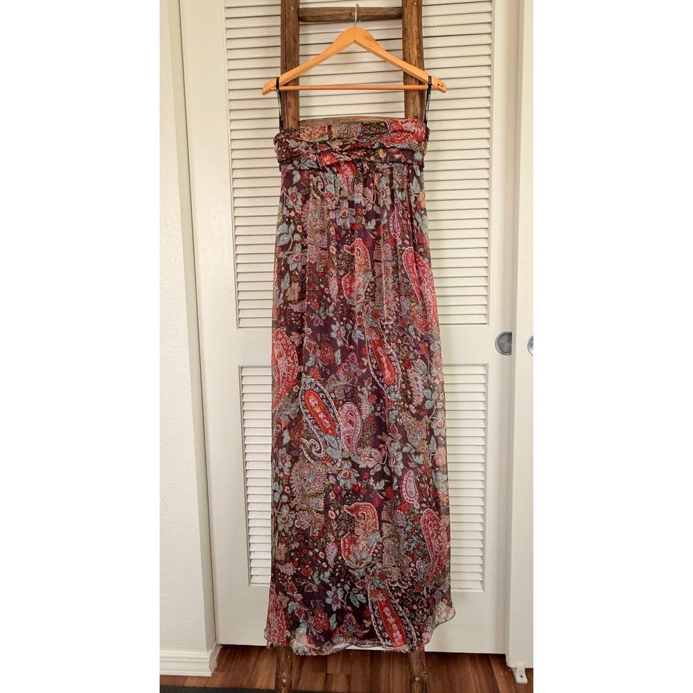 2b Bebe Maxi Dress XS Burgundy Paisley Floral Strapless Chiffon Boho Ruffle